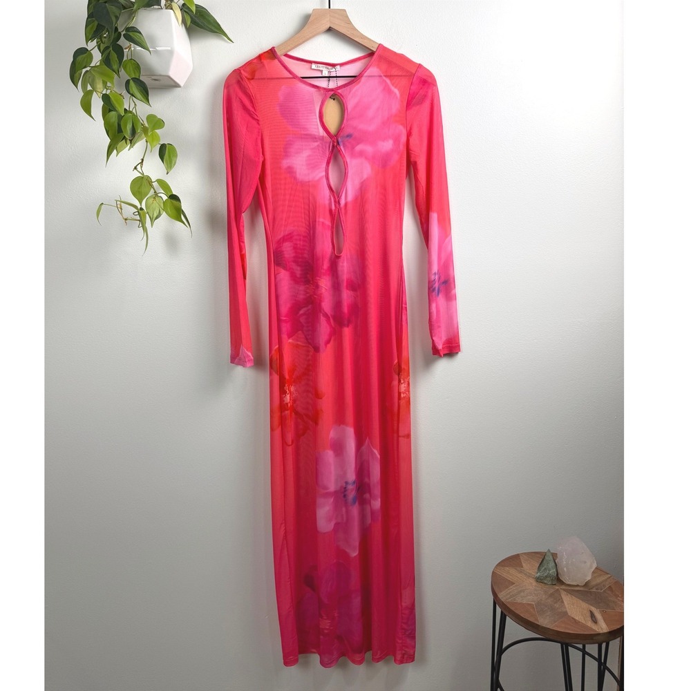 Label of Love Pink Floral Mesh Keyhole Sheer Maxi Dress Coverup Long Sleeve L